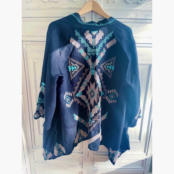 NWOT Johnny Was Linen Embroidered Aztec Kimono Black, Tan & Aqua - Picture 4 of 15